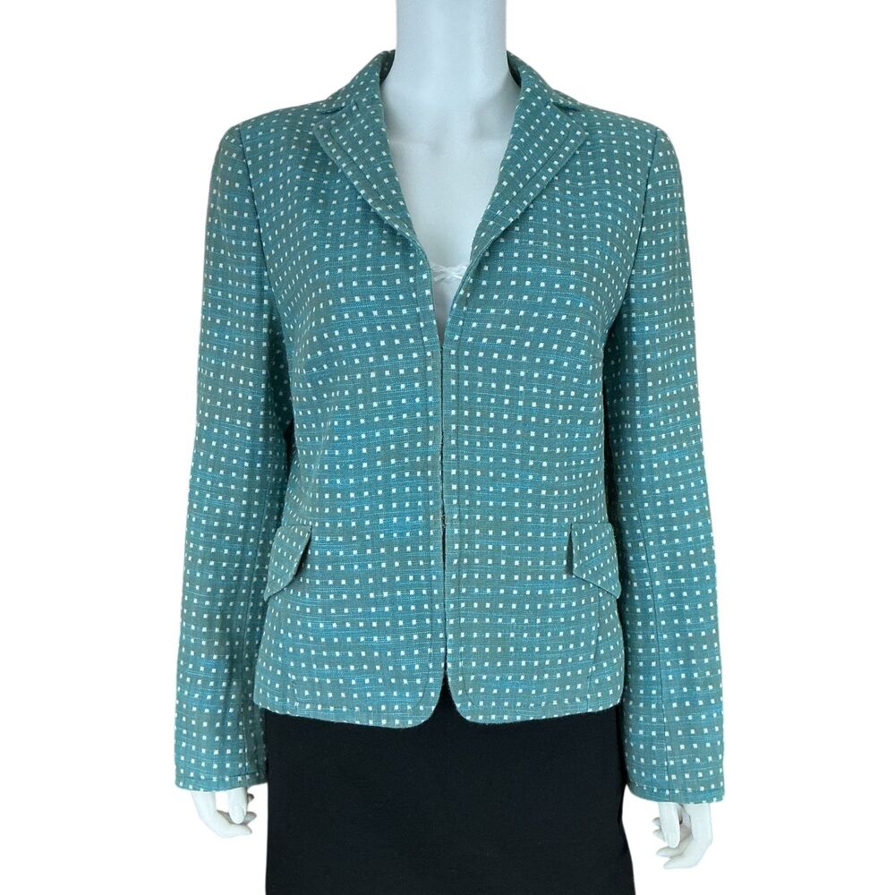 AKRIS Punto Womens Linen Cotton Blazer Size 12 Turquoise White Check Print